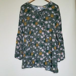 Floral tunic with lace-up front and bell sleeves